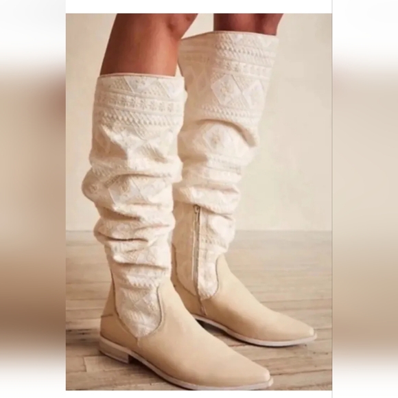NEW free people bren textile slouch boot ivory off white knee high embroidered - Picture 6 of 8